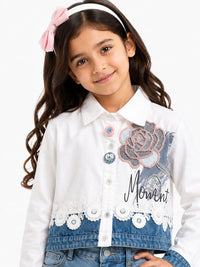 Girls' Two-Tone Lace-Trimmed Floral Denim Shirt