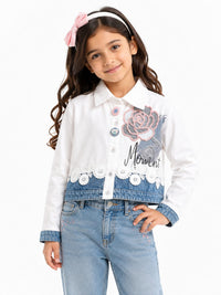 Girls' Two-Tone Lace-Trimmed Floral Denim Shirt