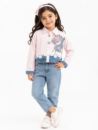 Girls' Pastel Pink Lace-Trimmed Floral Denim Shirt