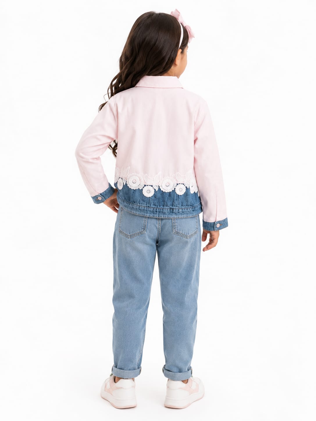 Girls' Pastel Pink Lace-Trimmed Floral Denim Shirt