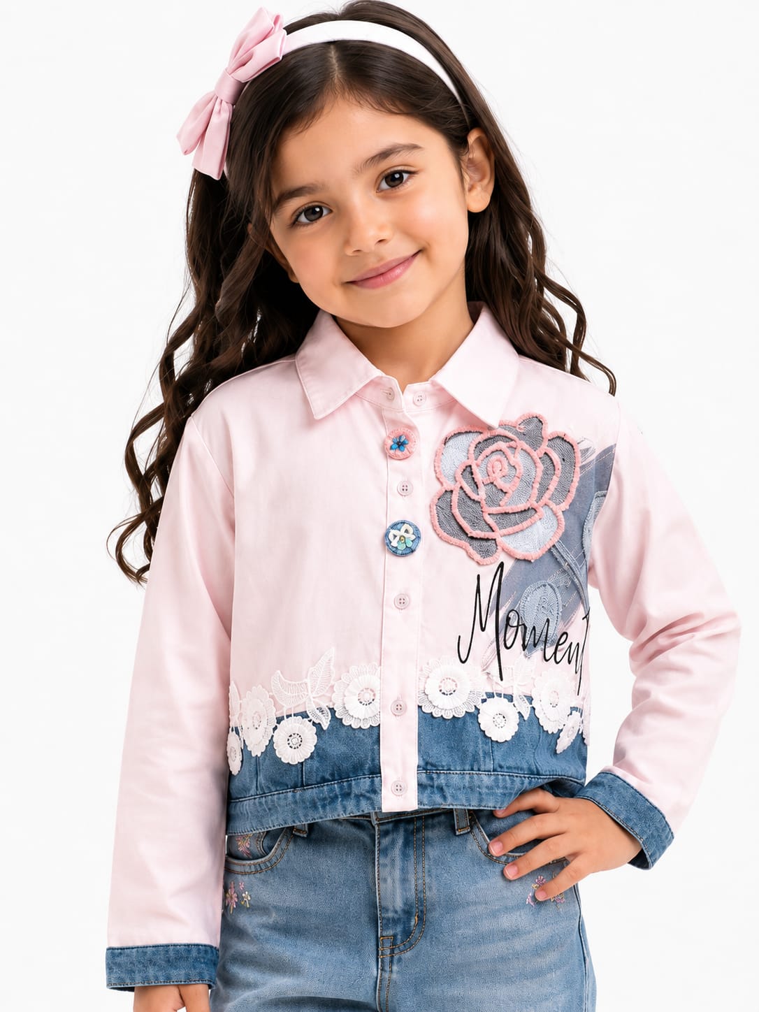 Girls' Pastel Pink Lace-Trimmed Floral Denim Shirt