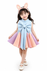 Girls' Pastel Color-Blocked Oversized Bow Scalloped Dress
