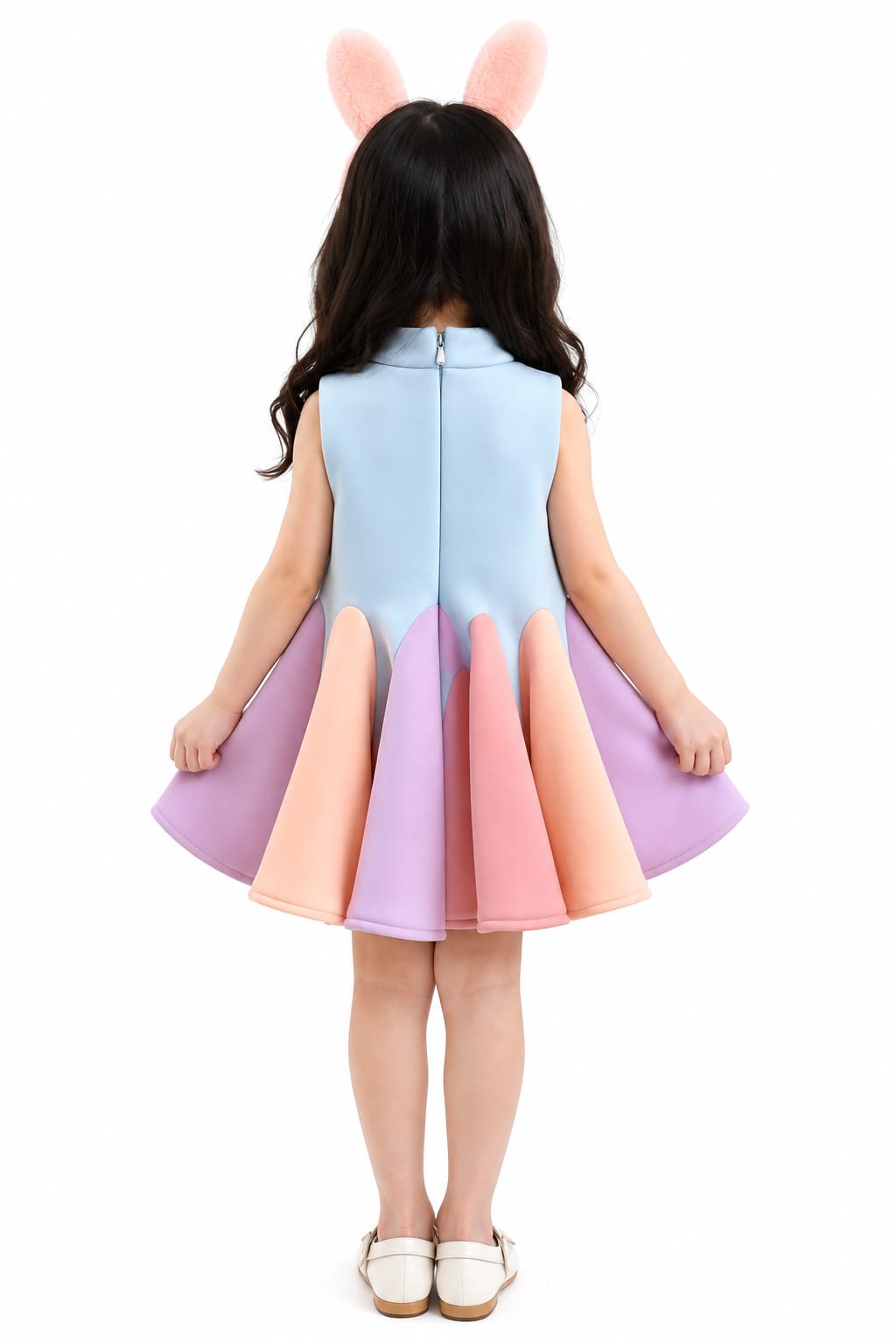 Girls' Pastel Color-Blocked Oversized Bow Scalloped Dress