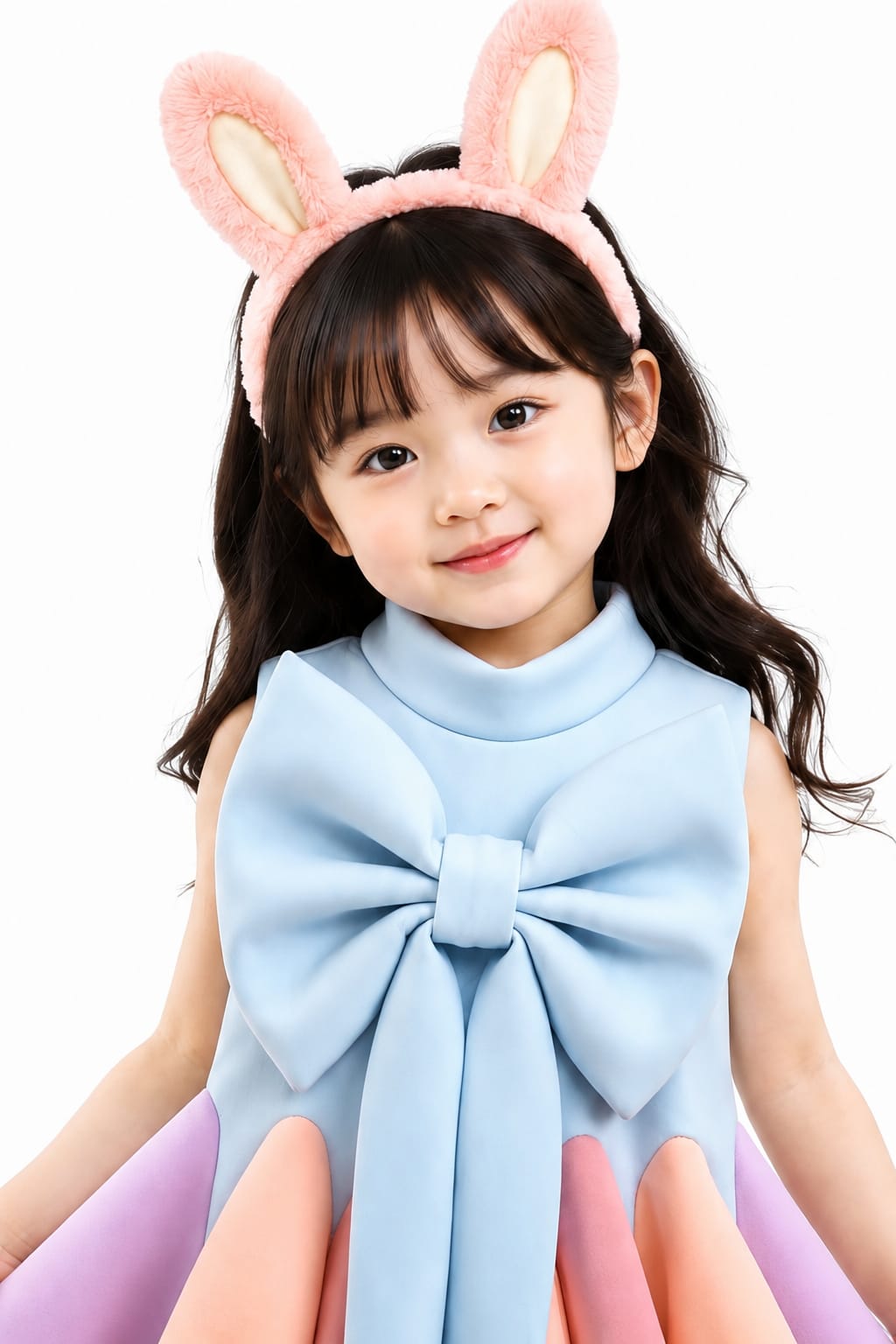Girls' Pastel Color-Blocked Oversized Bow Scalloped Dress