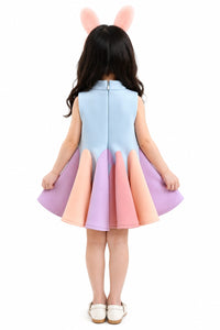 Girls' Pastel Color-Blocked Oversized Bow Scalloped Dress