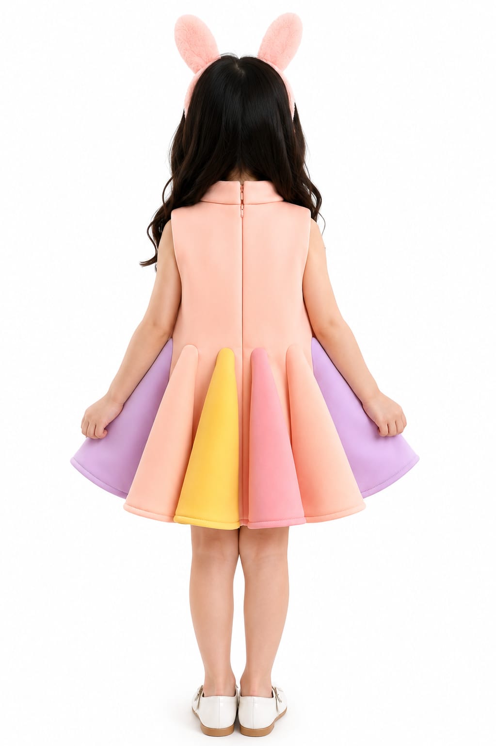 Girls' Peach Pastel Color-Blocked Oversized Bow Scalloped Dress