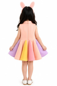 Girls' Peach Pastel Color-Blocked Oversized Bow Scalloped Dress