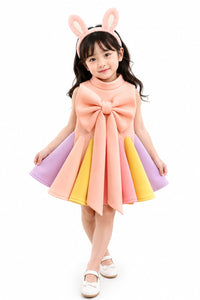 Girls' Peach Pastel Color-Blocked Oversized Bow Scalloped Dress