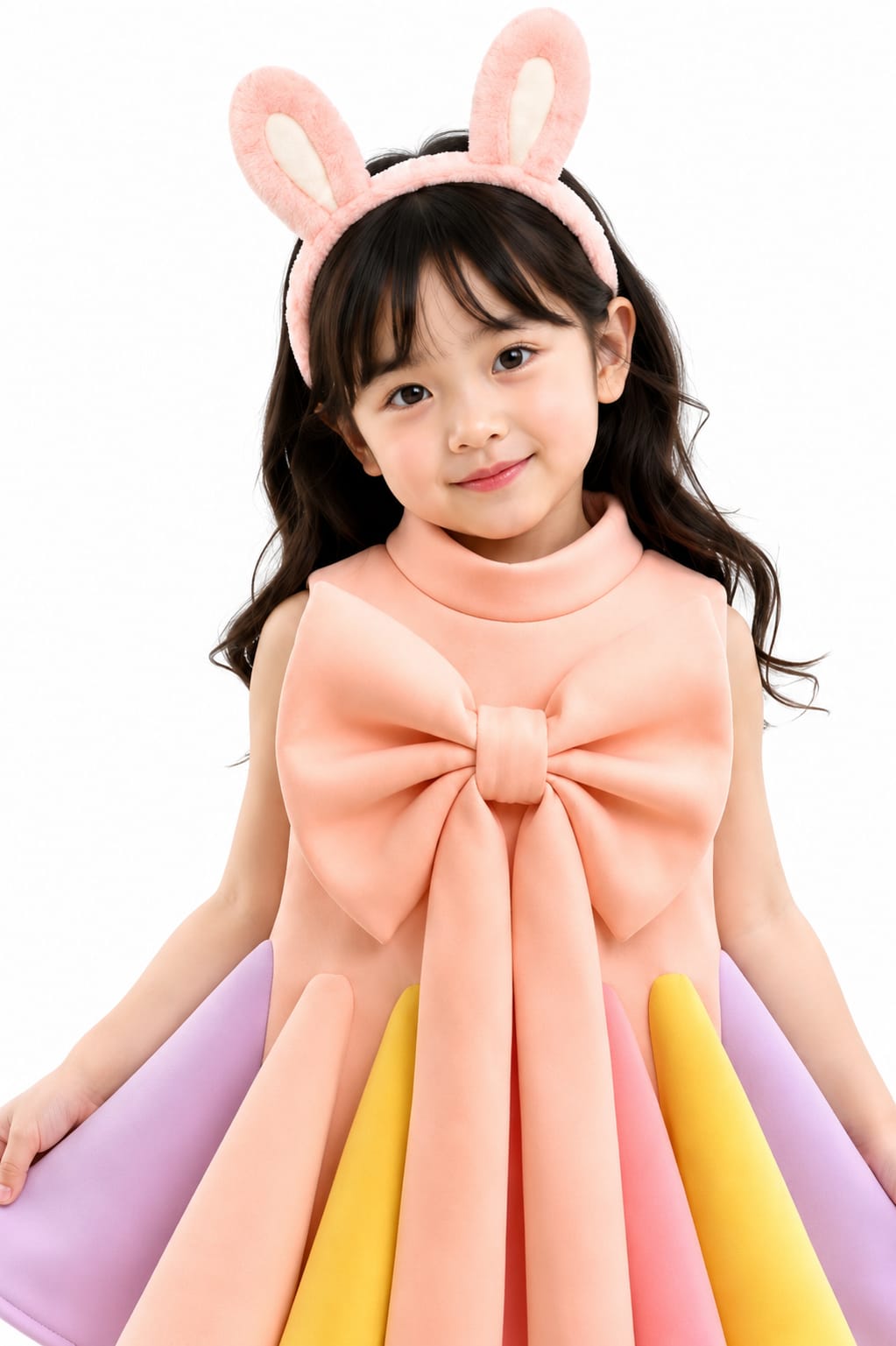 Girls' Peach Pastel Color-Blocked Oversized Bow Scalloped Dress