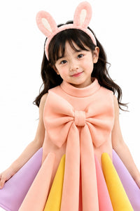 Girls' Peach Pastel Color-Blocked Oversized Bow Scalloped Dress