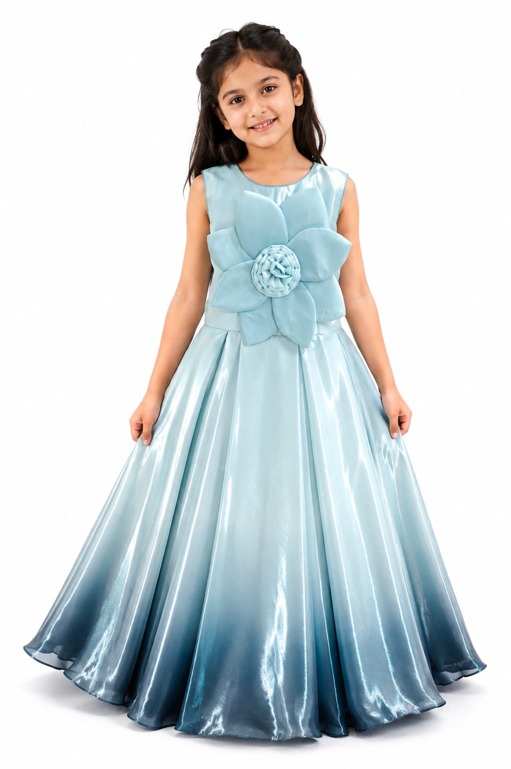 Girls' Ice Blue Ombré Giant Floral Gown
