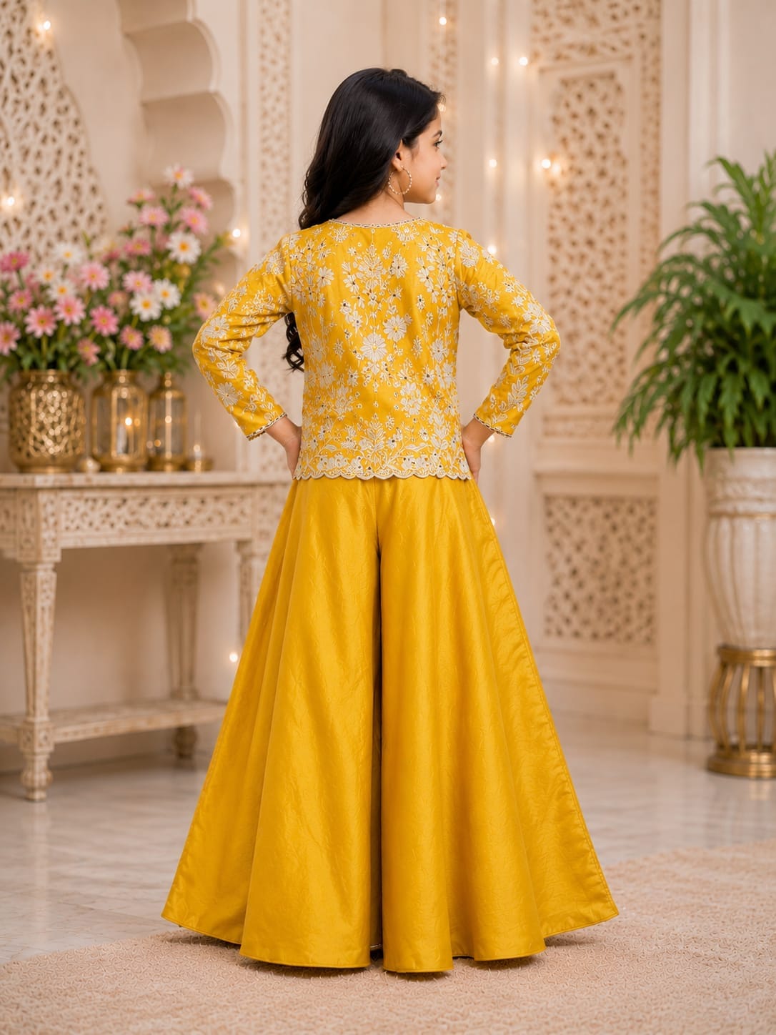 Girls' Mustard Yellow Embroidered Jacket Sharara Set