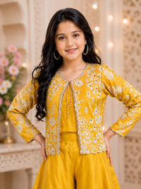 Girls' Mustard Yellow Embroidered Jacket Sharara Set