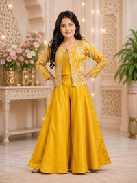 Girls' Mustard Yellow Embroidered Jacket Sharara Set