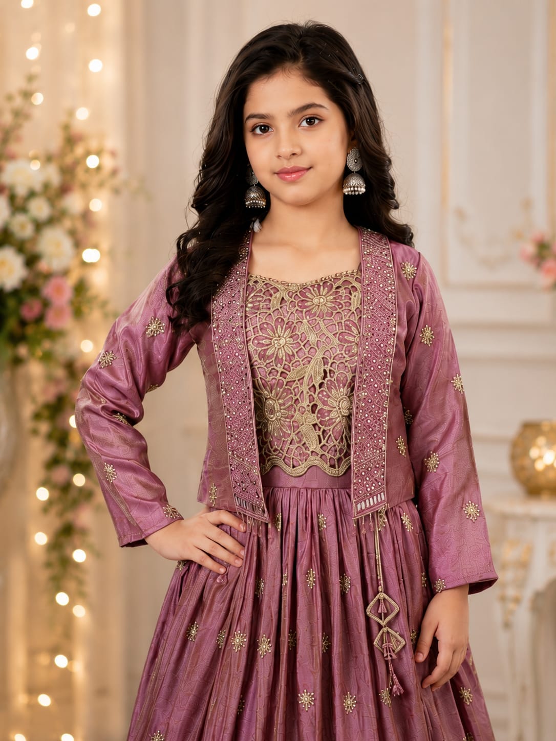 Girls' Mauve Pink Cutwork Lace Lehenga Set with Embellished Jacket