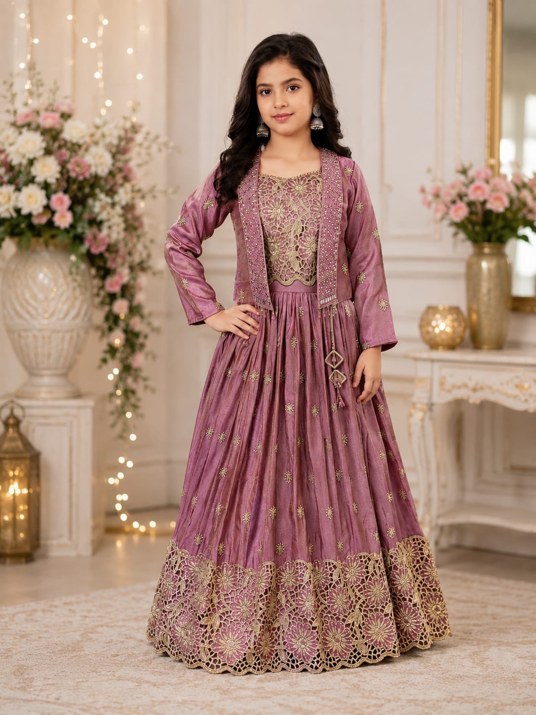 Girls' Mauve Pink Cutwork Lace Lehenga Set with Embellished Jacket