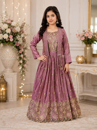 Girls' Mauve Pink Cutwork Lace Lehenga Set with Embellished Jacket