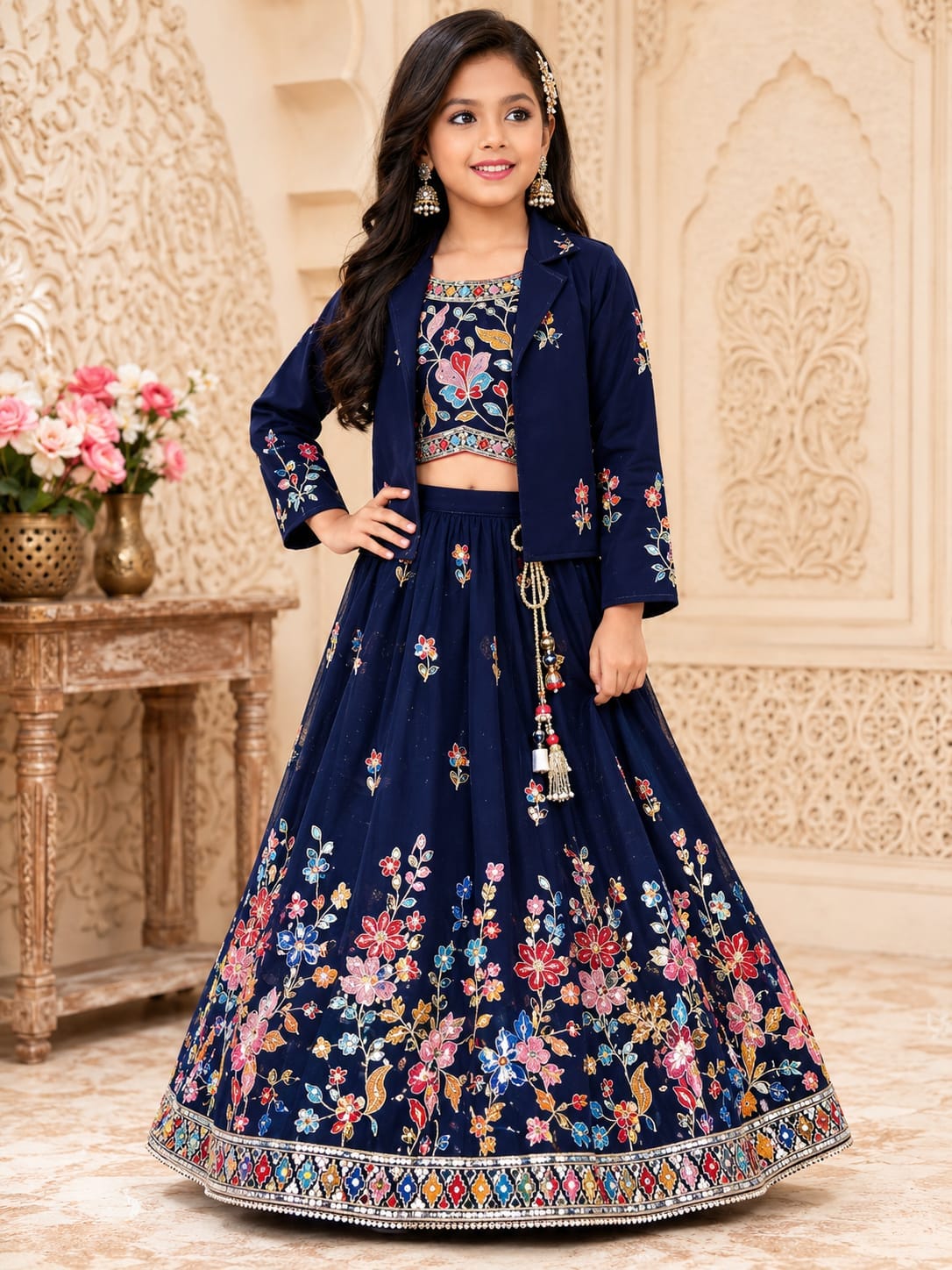 Girls' Royal Navy Blue Floral Embroidered Blazer Lehenga Set