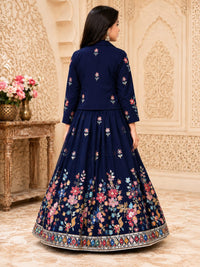 Girls' Royal Navy Blue Floral Embroidered Blazer Lehenga Set
