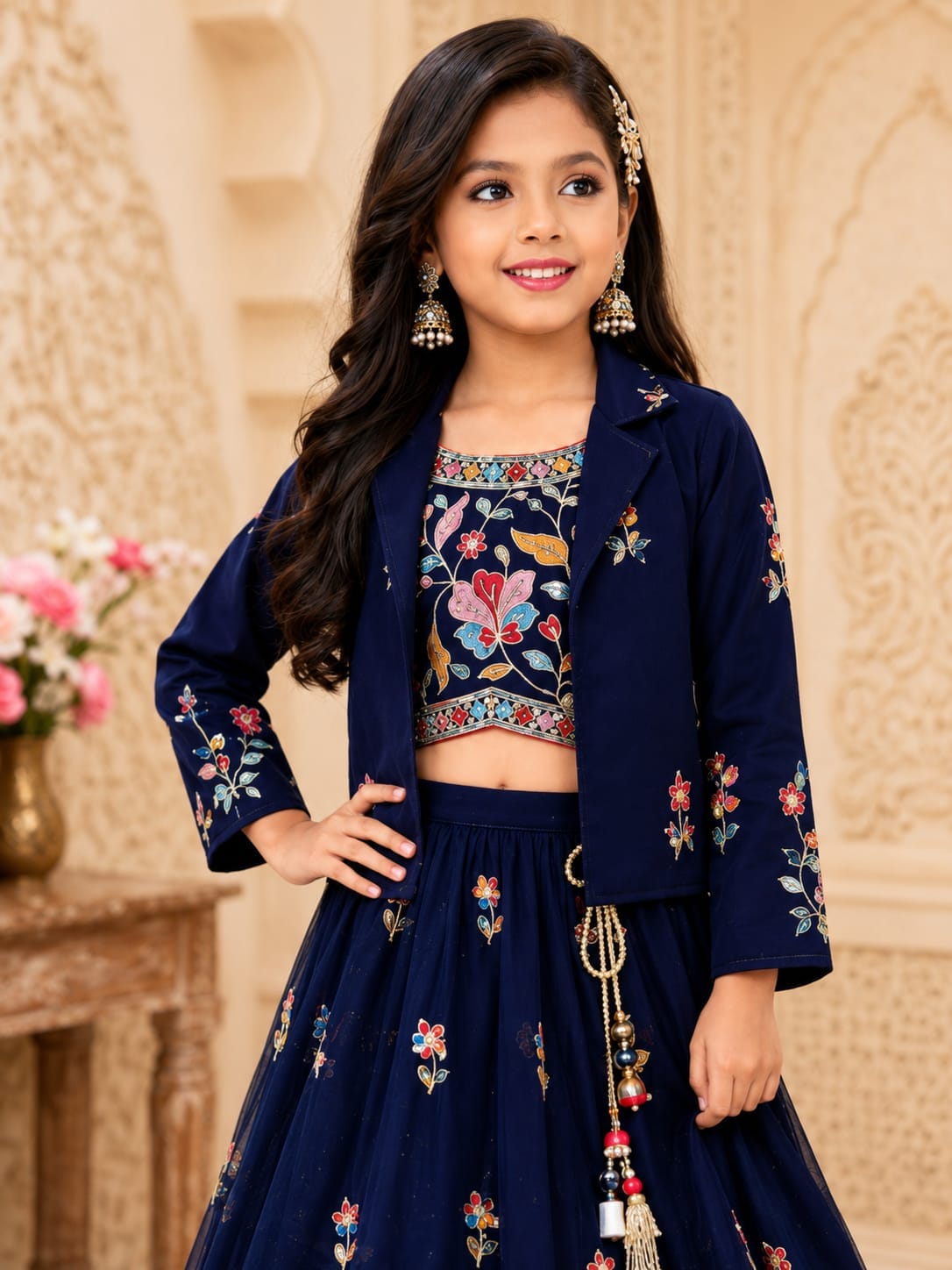 Girls' Royal Navy Blue Floral Embroidered Blazer Lehenga Set