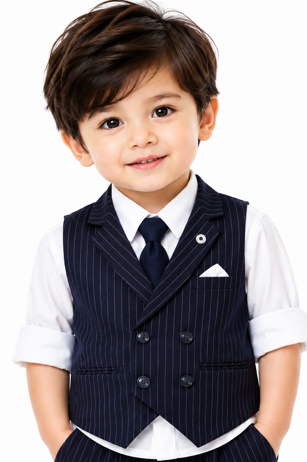 Boys' Navy Blue Pinstripe 4-Piece Formal Waistcoat & Trouser Set