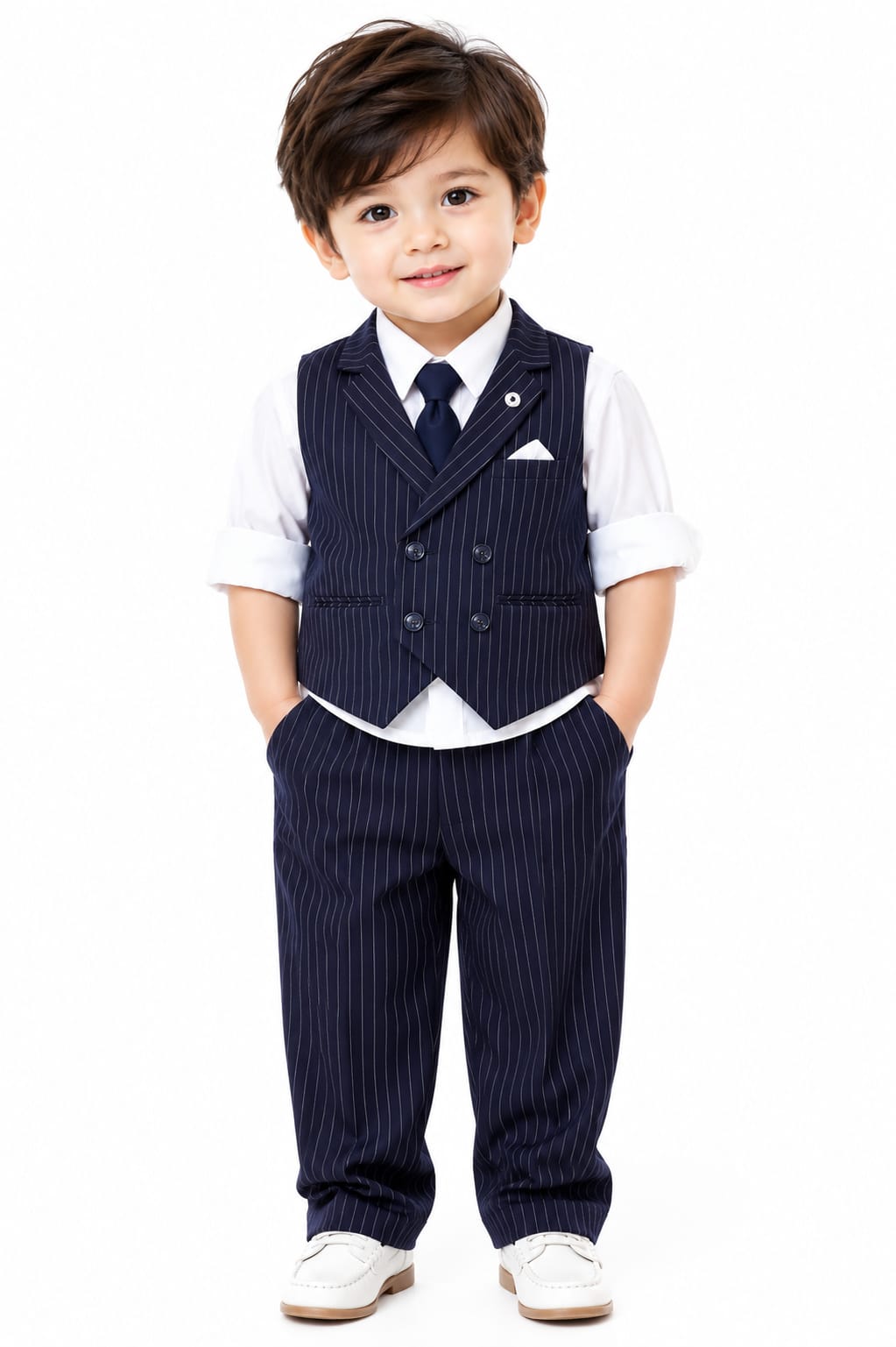 Boys' Navy Blue Pinstripe 4-Piece Formal Waistcoat & Trouser Set