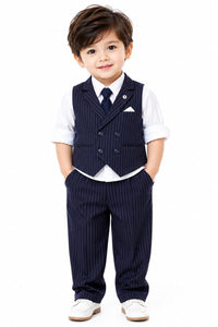 Boys' Navy Blue Pinstripe 4-Piece Formal Waistcoat & Trouser Set