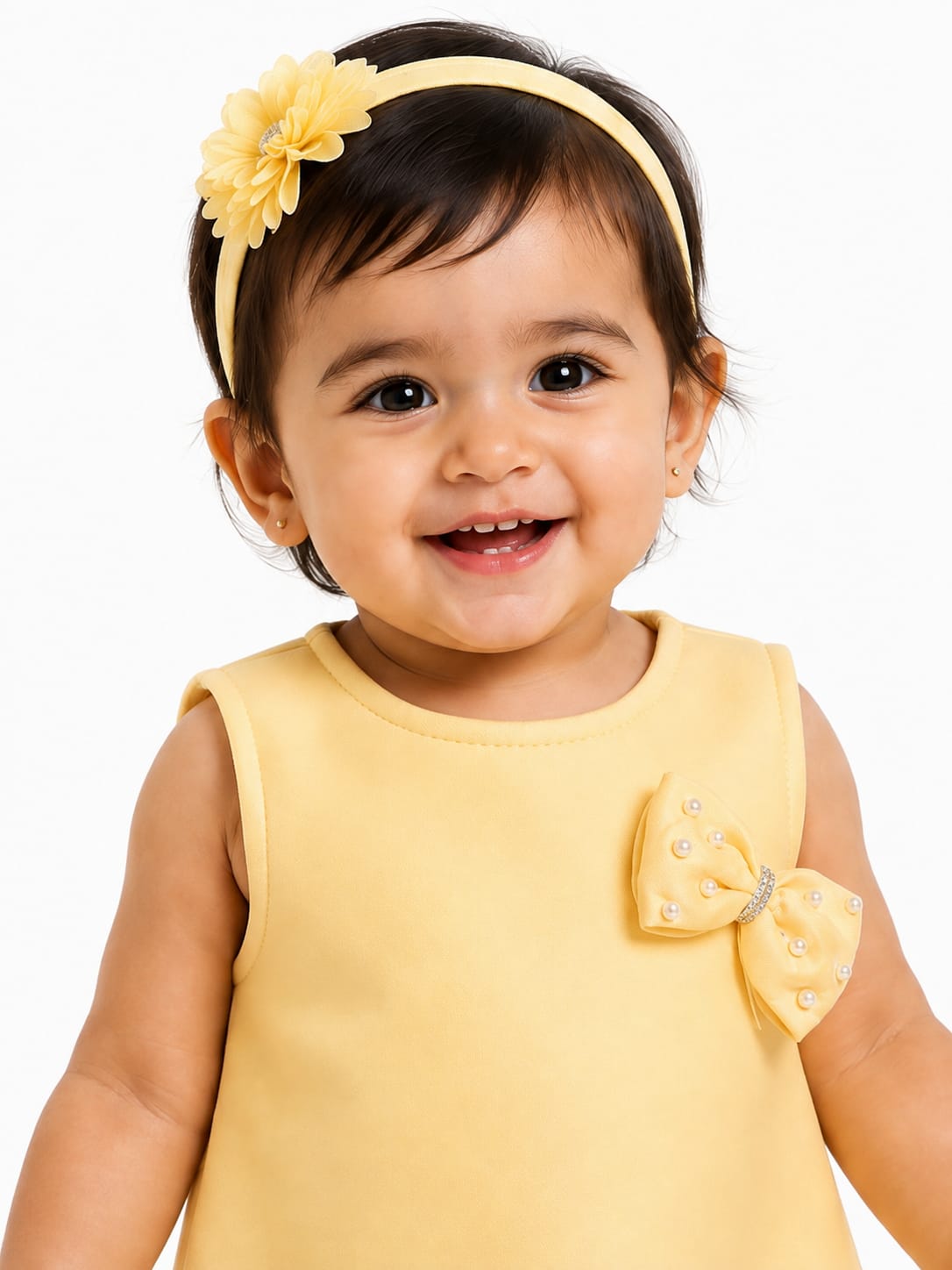 Infant Pastel Yellow Pearl & Bow Embellished Baby A-Line Dress