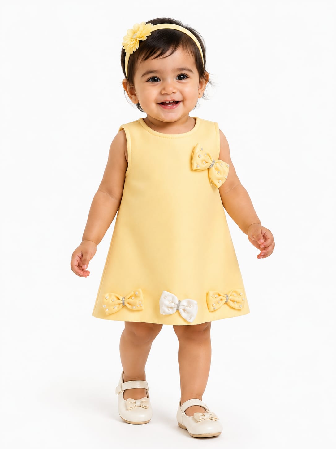 Infant Pastel Yellow Pearl & Bow Embellished Baby A-Line Dress