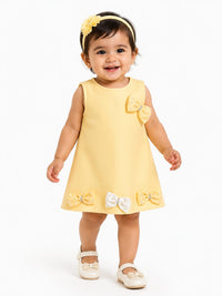 Infant Pastel Yellow Pearl & Bow Embellished Baby A-Line Dress
