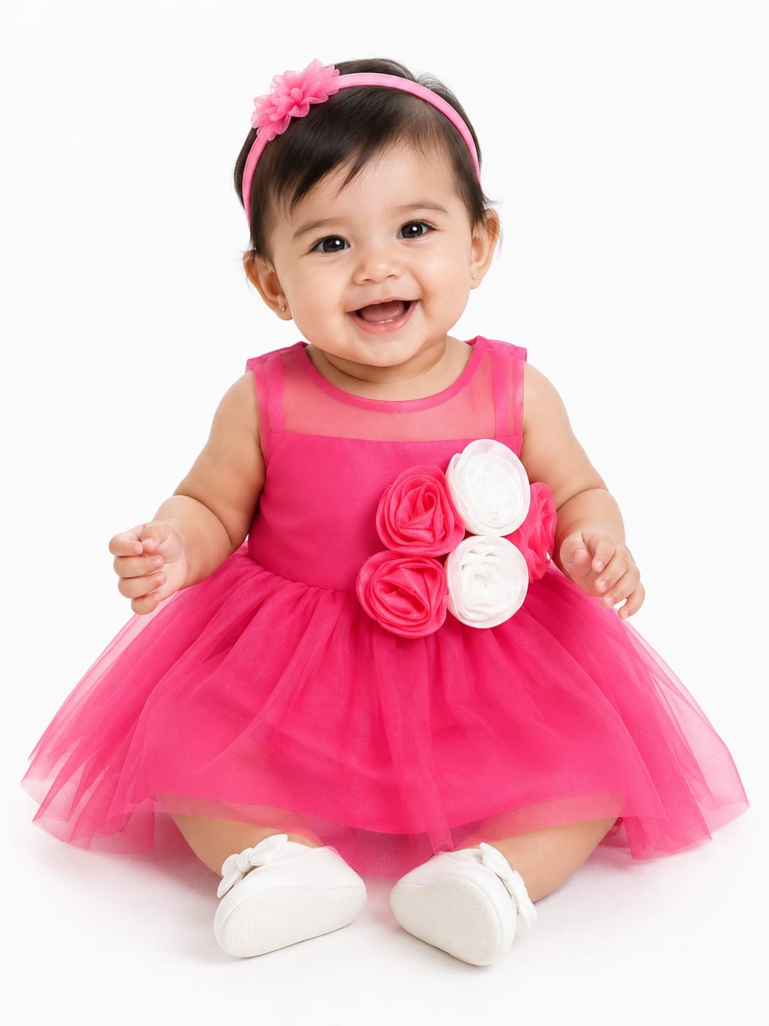 Infant Fuchsia Pink Floral Appliqué Tulle Baby Party Dress Light Weight