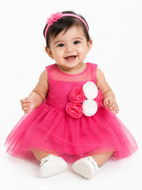Infant Fuchsia Pink Floral Appliqué Tulle Baby Party Dress Light Weight