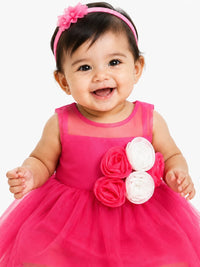 Infant Fuchsia Pink Floral Appliqué Tulle Baby Party Dress Light Weight