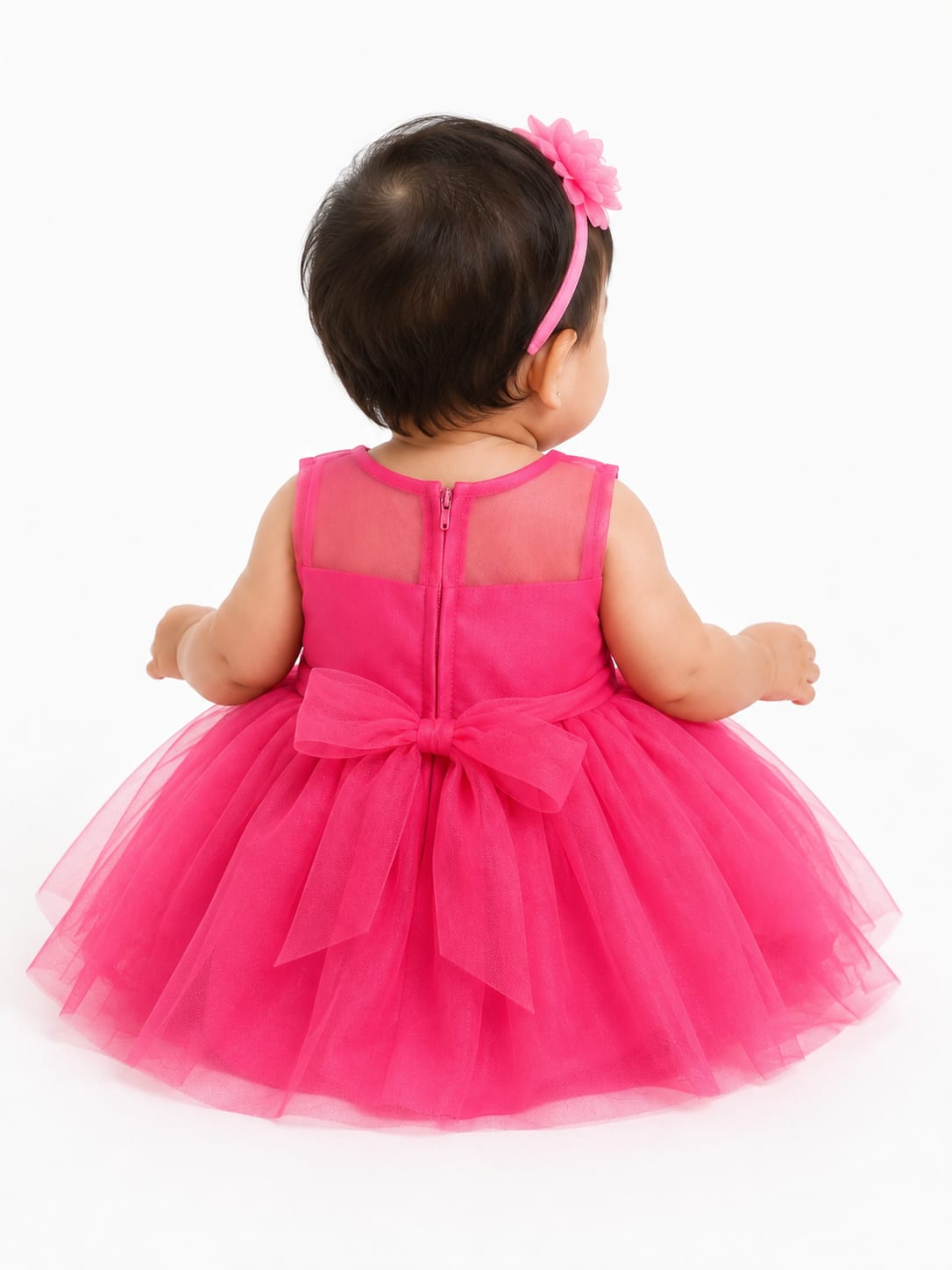 Infant Fuchsia Pink Floral Appliqué Tulle Baby Party Dress Light Weight