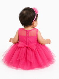 Infant Fuchsia Pink Floral Appliqué Tulle Baby Party Dress Light Weight