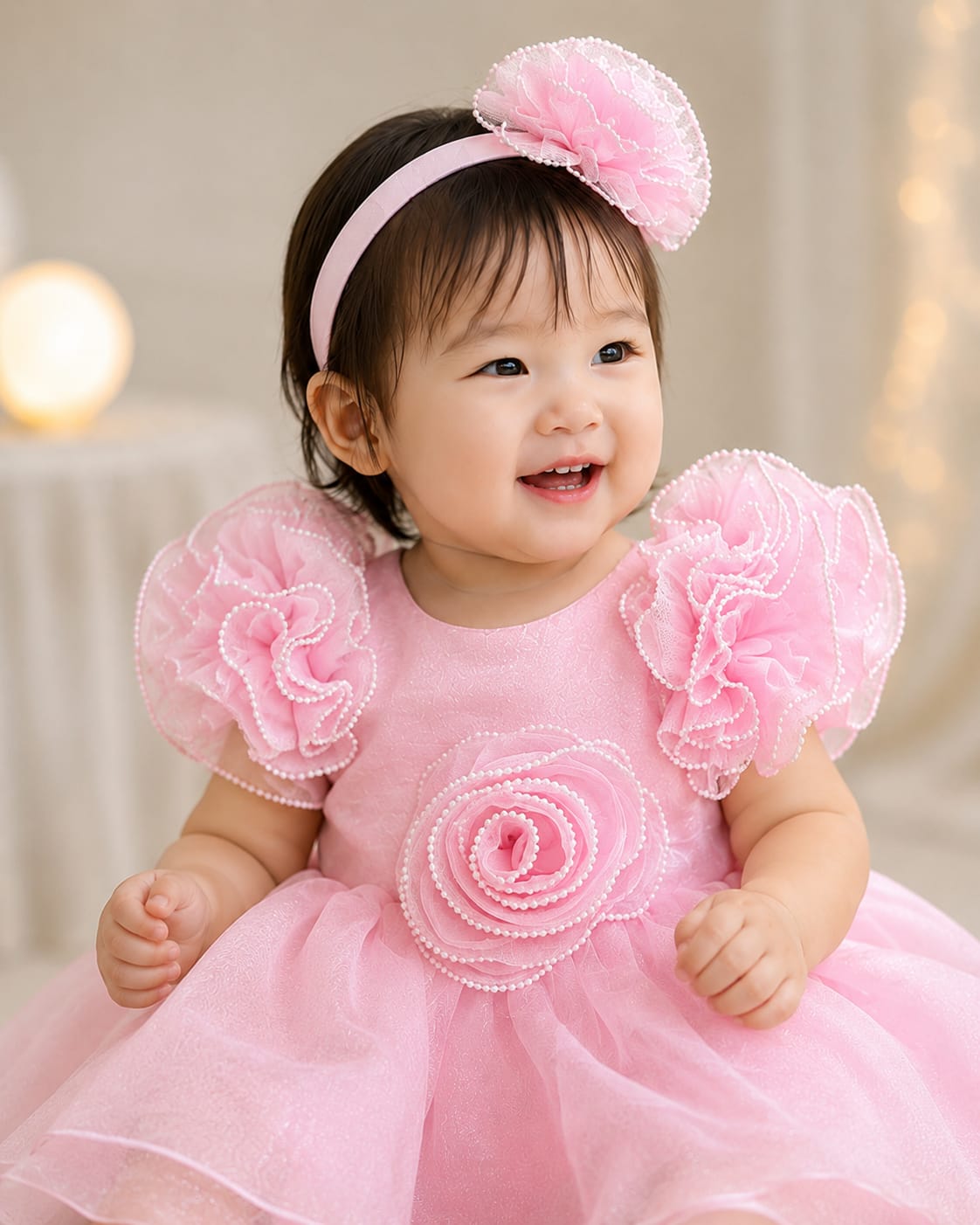 Infant Blush Pink Pearl-Trimmed Rosette Organza Baby Ballgown