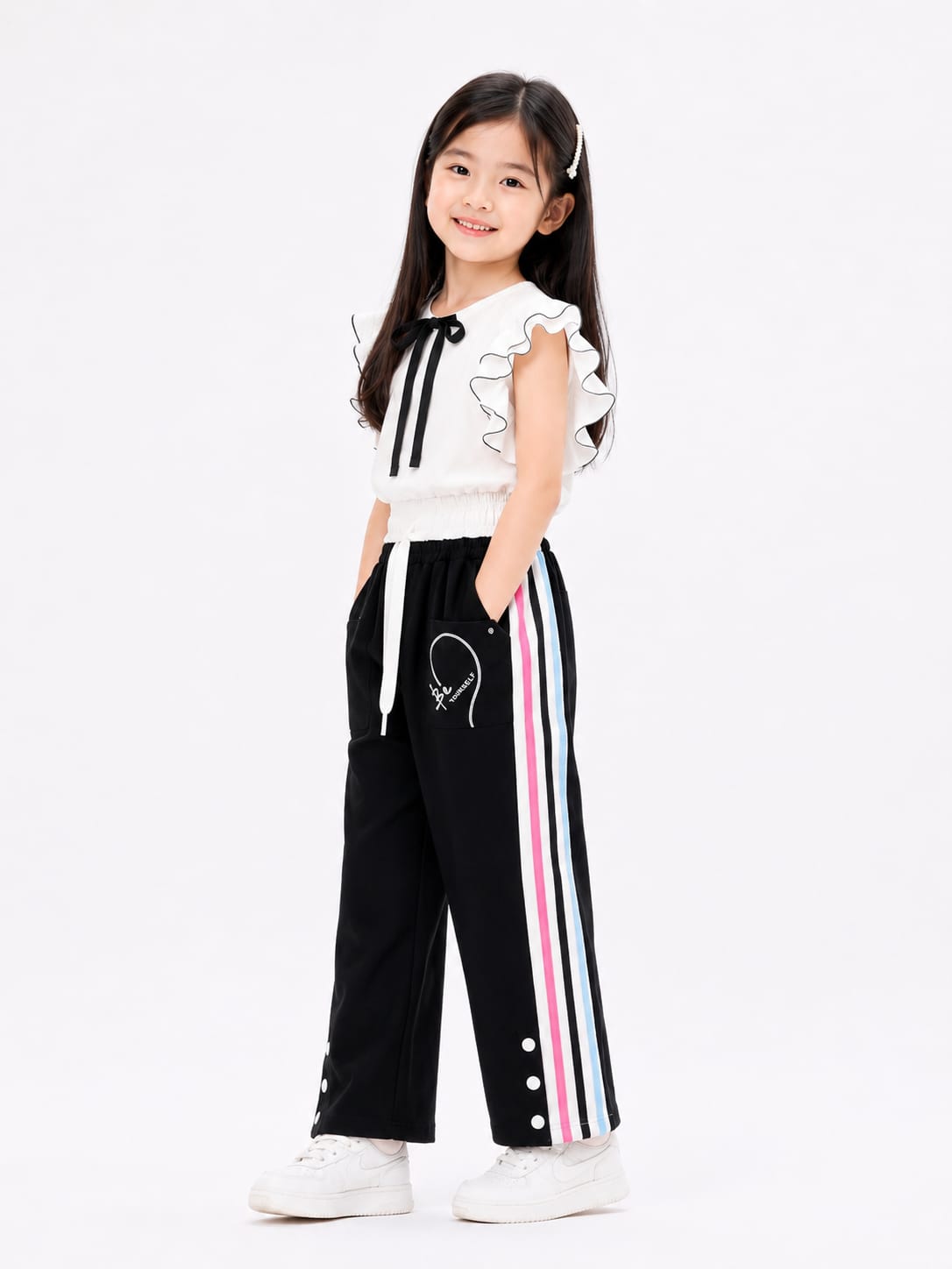 Girls' Black Side-Stripe Wide-Leg Sporty Trousers