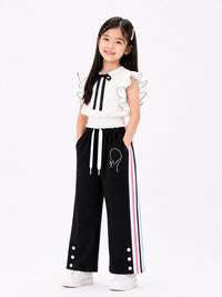 Girls' Black Side-Stripe Wide-Leg Sporty Trousers