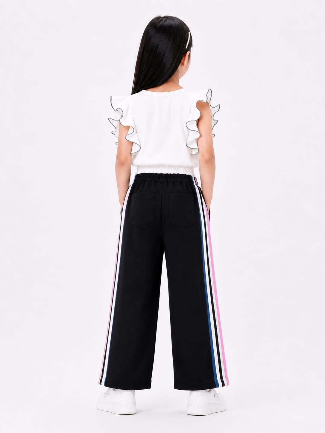 Girls' Black Side-Stripe Wide-Leg Sporty Trousers