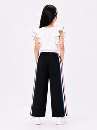 Girls' Black Side-Stripe Wide-Leg Sporty Trousers
