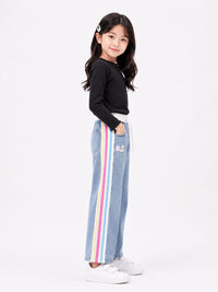 Girls' Rainbow Side-Stripe Elastic Waist Wide-Leg Jeans