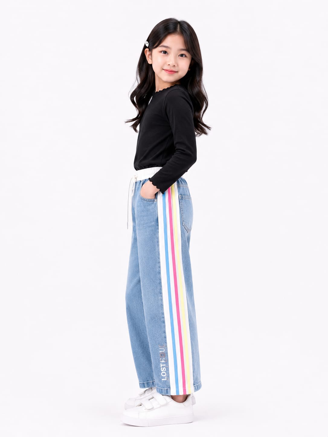 Girls' Rainbow Side-Stripe Elastic Waist Wide-Leg Jeans