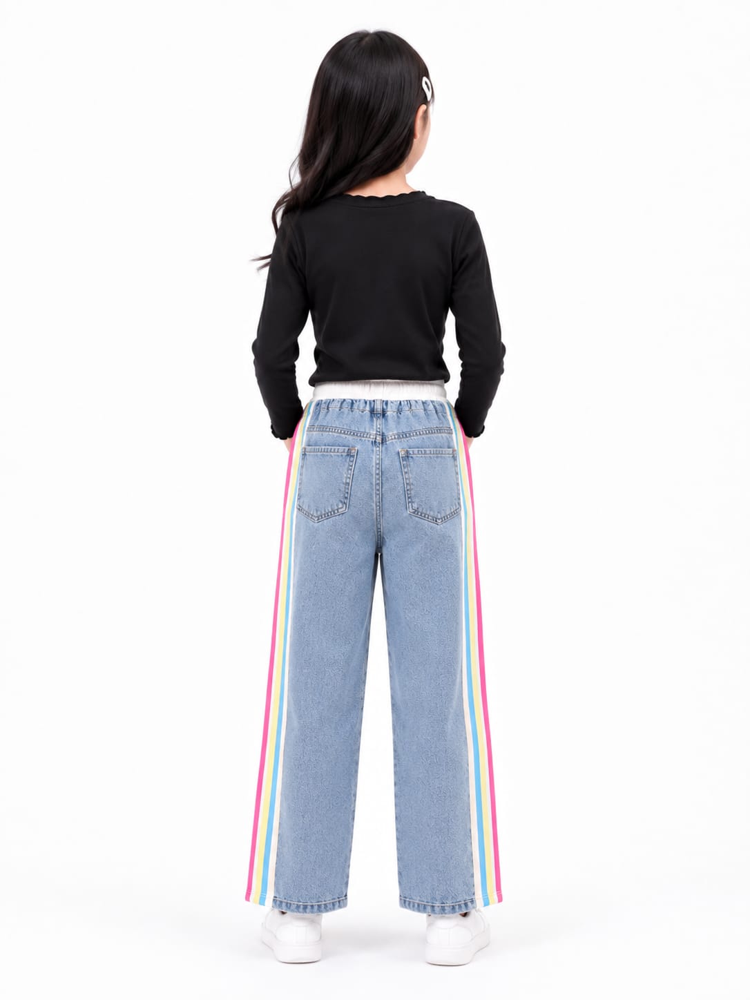 Girls' Rainbow Side-Stripe Elastic Waist Wide-Leg Jeans