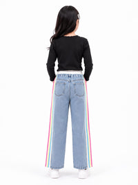 Girls' Rainbow Side-Stripe Elastic Waist Wide-Leg Jeans