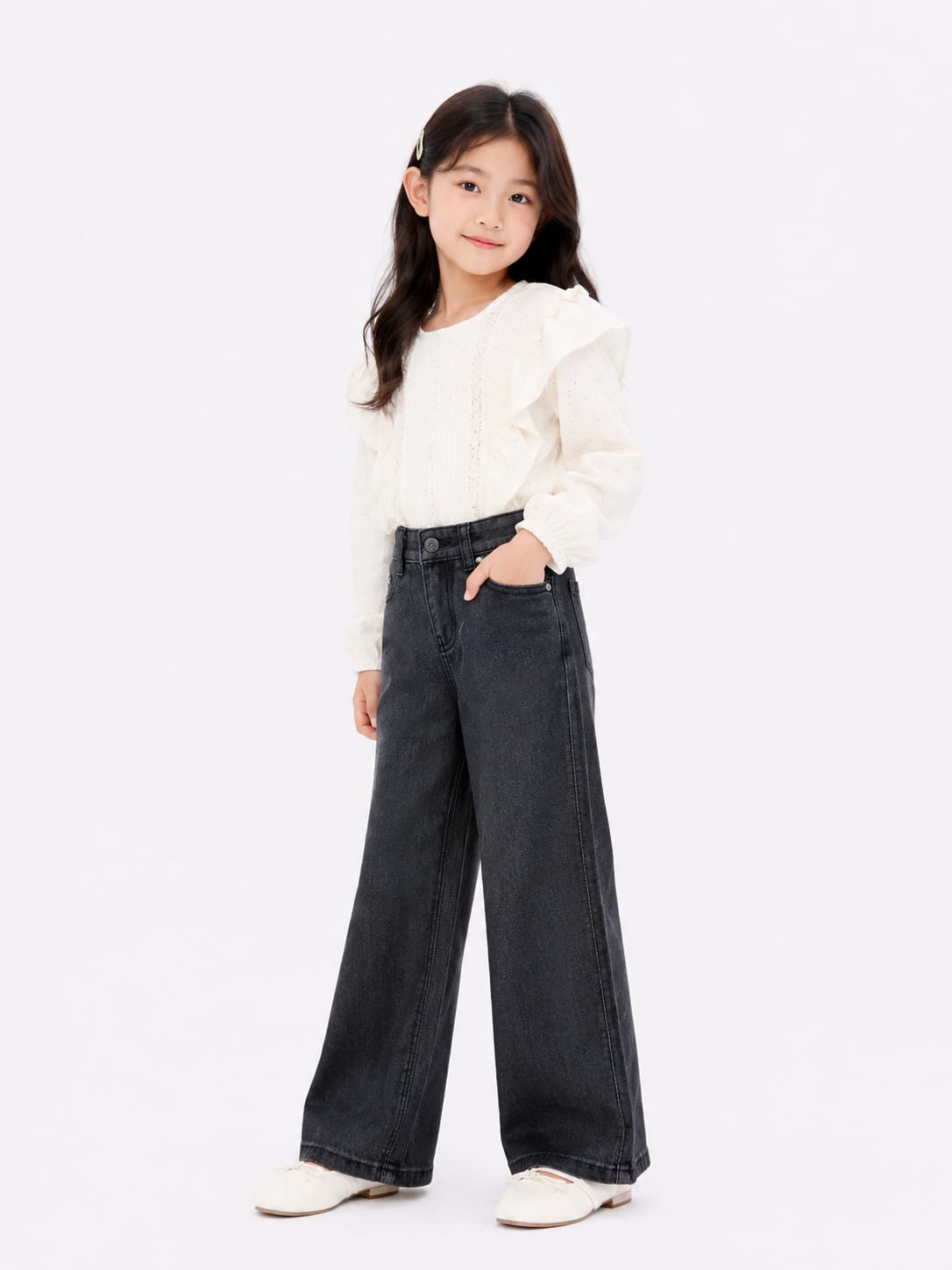 Girls' Charcoal Black Wide-Leg High-Waisted Denim Jeans