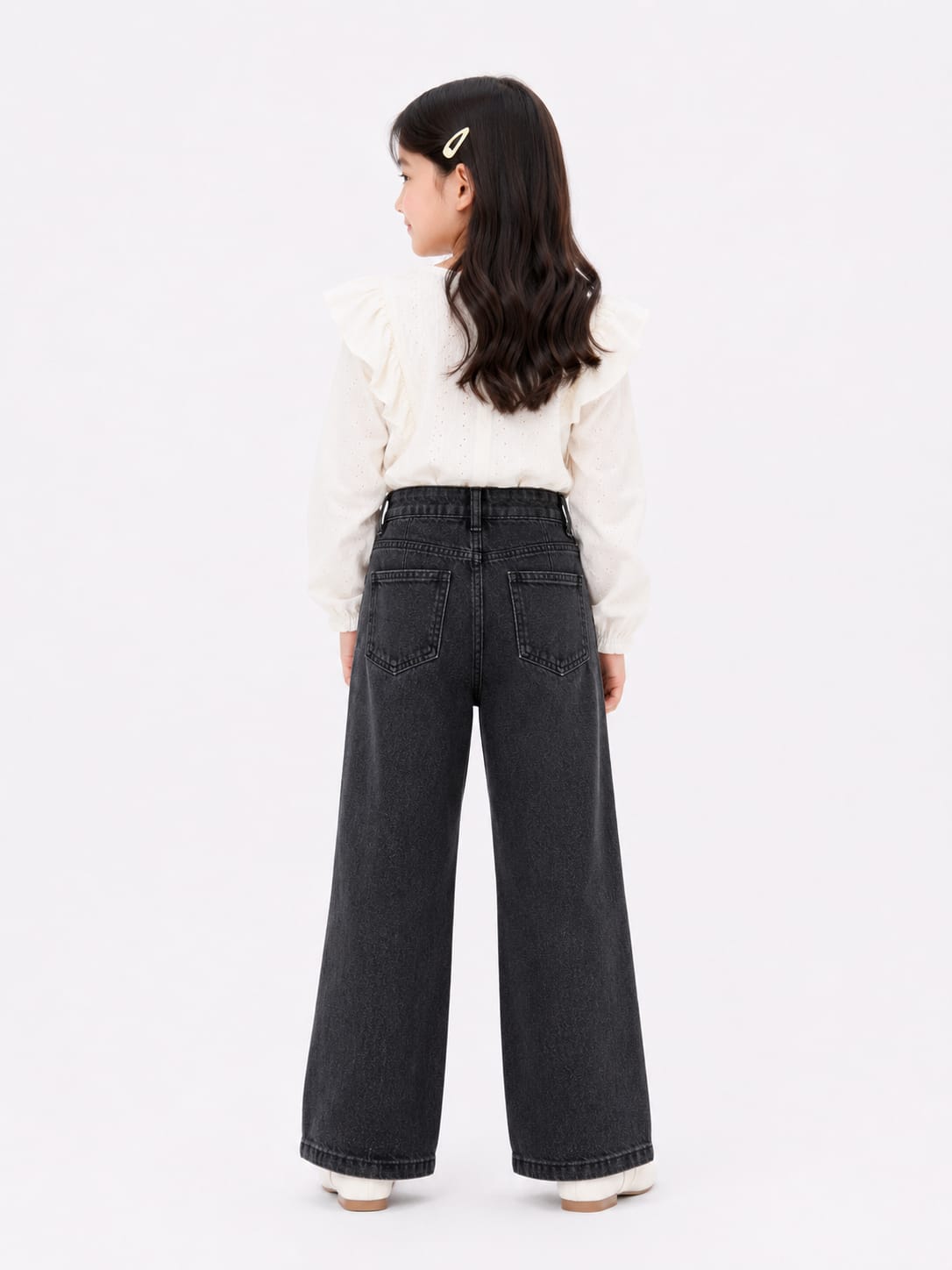 Girls' Charcoal Black Wide-Leg High-Waisted Denim Jeans