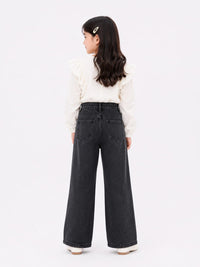 Girls' Charcoal Black Wide-Leg High-Waisted Denim Jeans
