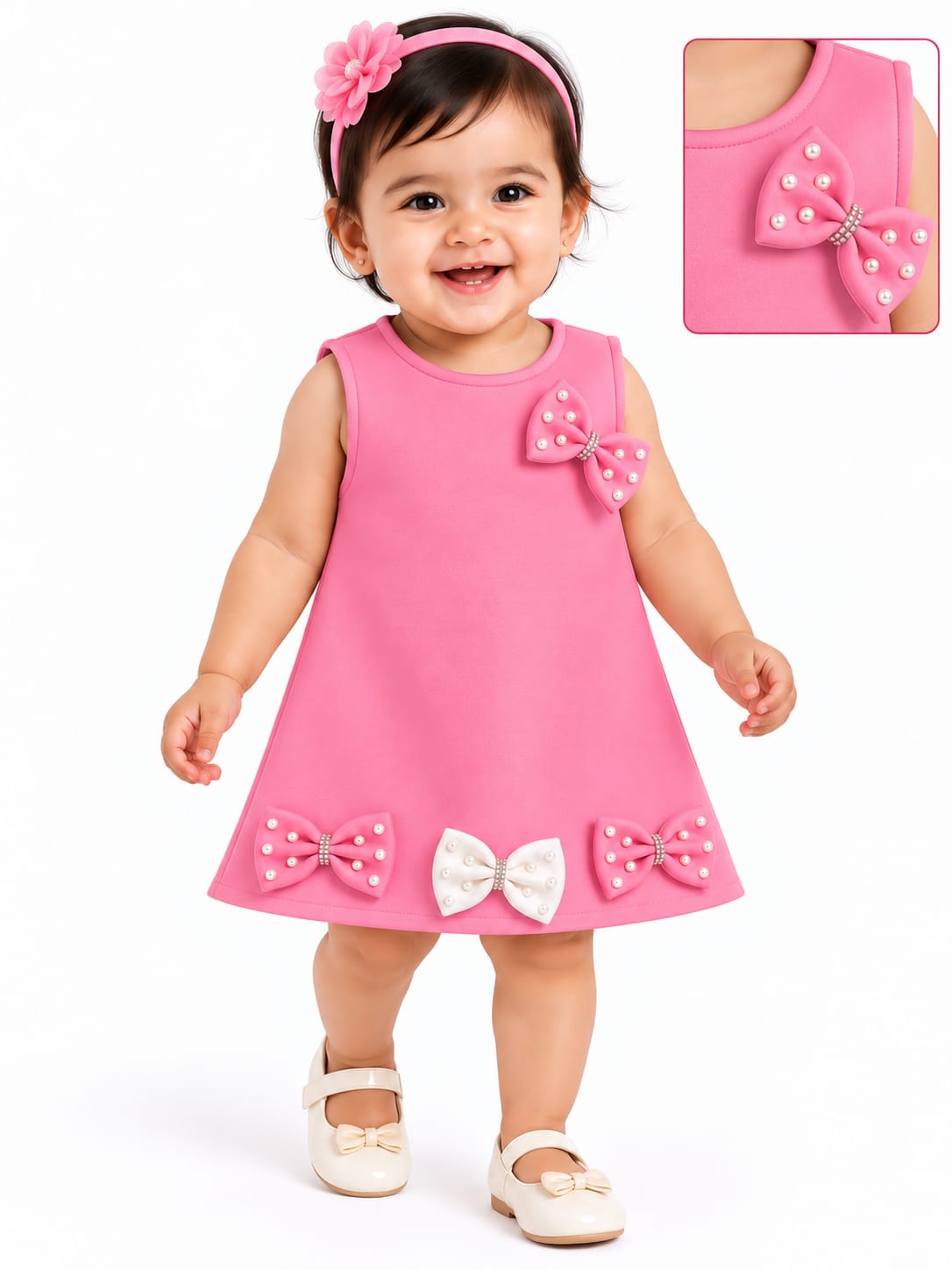 Infant Bubblegum Pink Pearl & Bow Embellished Baby A-Line Dress