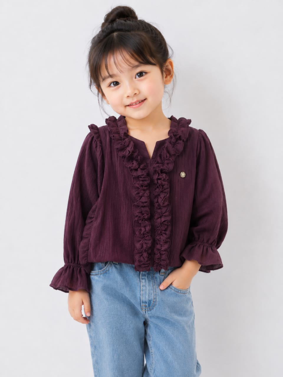 Deep Plum Ruffled Peasant Blouse for Girls