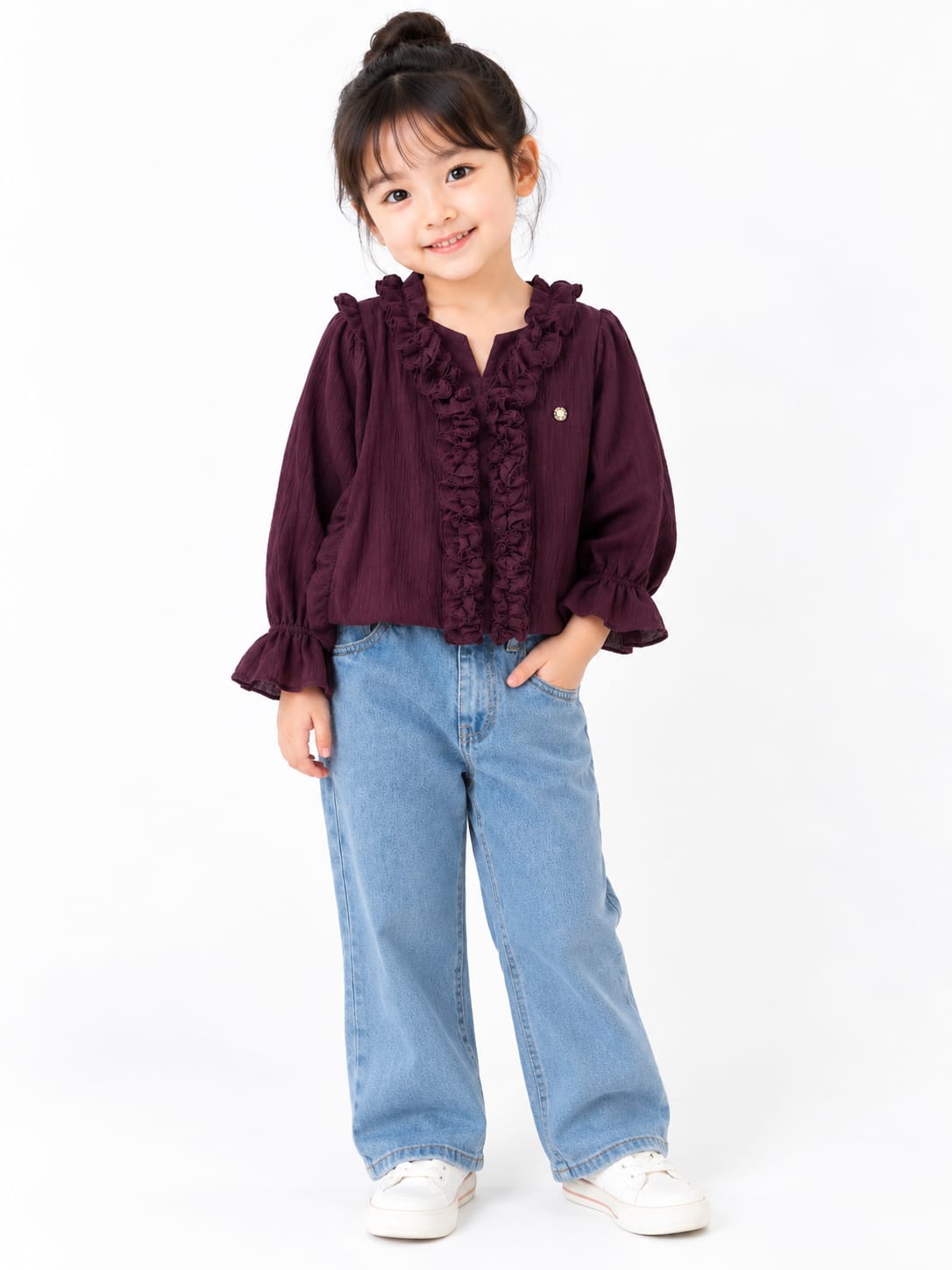 Deep Plum Ruffled Peasant Blouse for Girls